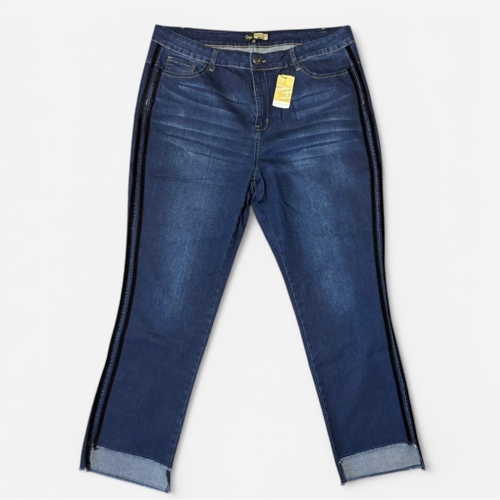 Suzanne Betro Blue Straight Leg Jeans with raw Hem and black track pants lines